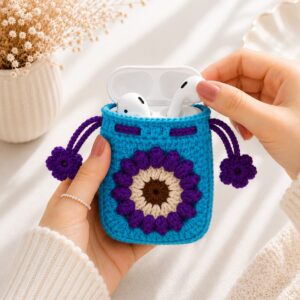 Handmade Aqua Blue Floral Crochet AirPods Case | Premium Drawstring Earbuds Cover