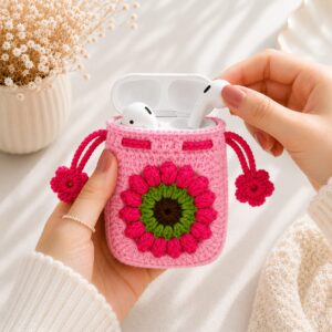 Handmade Baby Pink Floral Crochet AirPods Case | Cute Protective Earbuds Pouch