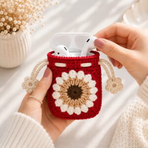 Handmade Burgundy Floral Crochet AirPods Case | Premium Drawstring Protective Earbuds Pouch